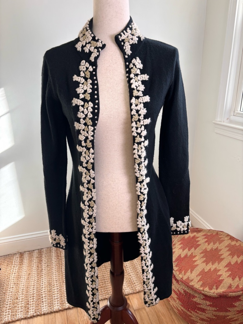 Moda International Black Long Cardigan with Cream Floral Trim